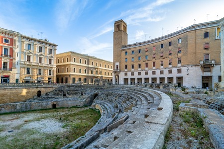LECCE, ITALY - MAY 16, 2015: street view of Roman Amphiteatre in Sant Oronzo square in Lecce, Italy. Built in the 2nd century, this theatre was able to seat more than 25,000 people.のeditorial素材