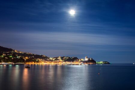 Lerici, Italy - May 31, 2015: night long exposure view of port and old town of Lerici, Italy. Lerici is located in La Spezia, Liguria, and is famous for his bay, harbour and castle.のeditorial素材