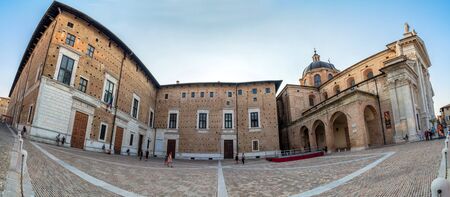 Urbino, Italy - August 13, 2015: Piazza Duca Federico and Cathedral in Urbino, Italy. The historic center of Urbino  represents the zenith of Renaissance architecture.のeditorial素材
