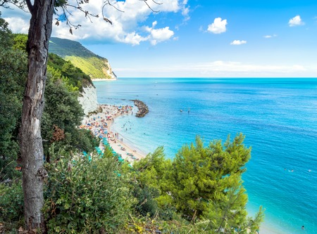 Sirolo, Italy - August 17, 2016: day view of famous Urbani beach in Sirolo, Italy. Mount Conero Natural Reserve Regional Park is a unique ecological environment.のeditorial素材