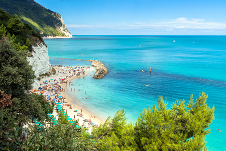 Sirolo, Italy - August 17, 2016: day view of famous Urbani beach in Sirolo, Italy. Mount Conero Natural Reserve Regional Park is a unique ecological environment.のeditorial素材