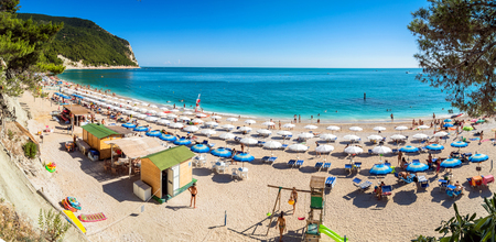 Sirolo, Italy - August 18, 2016: day view of famous San Michele beach in Sirolo, Italy. Mount Conero Natural Reserve Regional Park is a unique ecological environment.のeditorial素材
