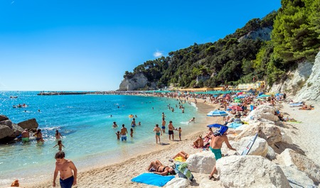 Sirolo, Italy - August 18, 2016: day view of famous Urbani beach in Sirolo, Italy. Mount Conero Natural Reserve Regional Park is a unique ecological environment.のeditorial素材