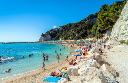 Sirolo, Italy - August 18, 2016: day view of famous Urbani beach in Sirolo, Italy. Mount Conero Natural Reserve Regional Park is a unique ecological environment.のeditorial素材