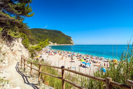 Sirolo, Italy - August 18, 2016: day view of famous San Michele beach in Sirolo, Italy. Mount Conero Natural Reserve Regional Park is a unique ecological environment.のeditorial素材