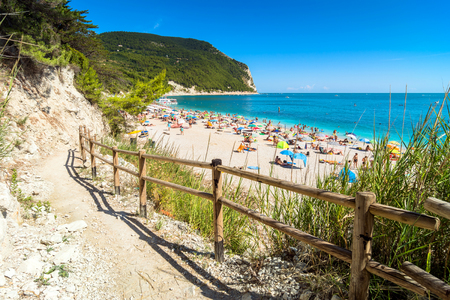 Sirolo, Italy - August 18, 2016: day view of famous San Michele beach in Sirolo, Italy. Mount Conero Natural Reserve Regional Park is a unique ecological environment.のeditorial素材