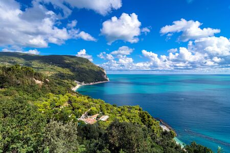 day view of famous Urbani beach in Sirolo, Italy. Mount Conero Natural Reserve Regional Park is a unique ecological environmentの写真素材