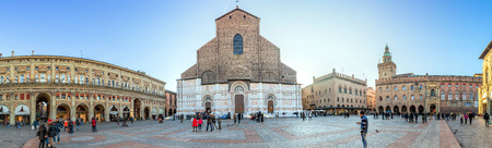 Bologna, Italy - December 27, 2015: Piazza Maggiore with Palazzo dei Banchi and Basilica di San Petronio in Bologna, Italy. The Basilica of San Petronio is the main church of Bologna.のeditorial素材