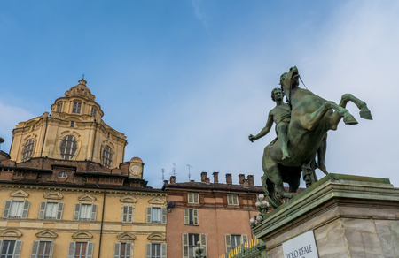 Turin, Italy - December 31, 2015: horse equestrian statue with Piazza San Carlo square in background in Turin, Italy. The square is an example of Baroque style.のeditorial素材