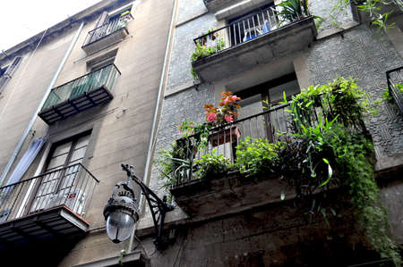 Facade of old building with balconyの写真素材
