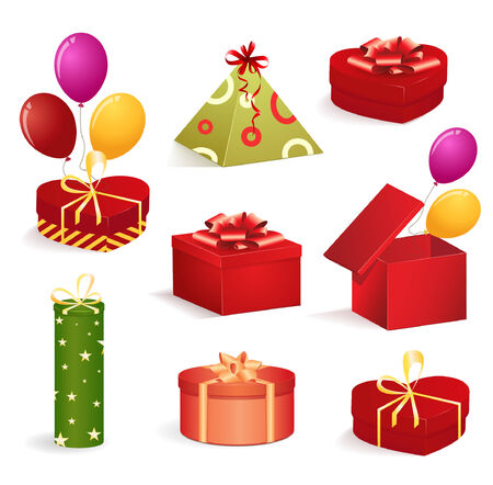 Colorful gift boxes with bows, ribbons and balloons  vector icons setのイラスト素材