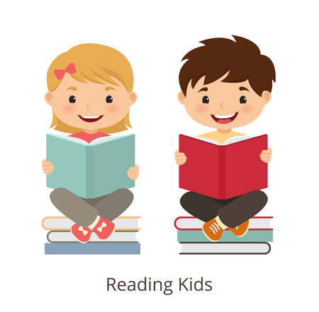 Small kids holding open books and reading. Vector concept illustrationのイラスト素材