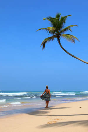 pretty girl on a dream beach with palm trees - Sri Lanka, Asiaの写真素材