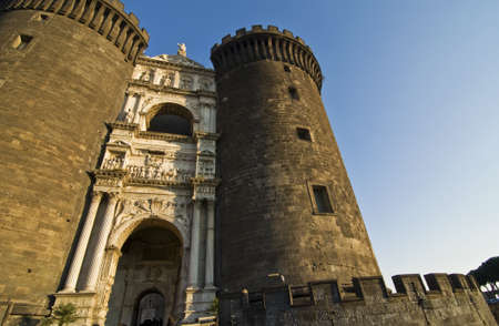 facade and towers of Maschio Angioino, Naples, Italyのeditorial素材