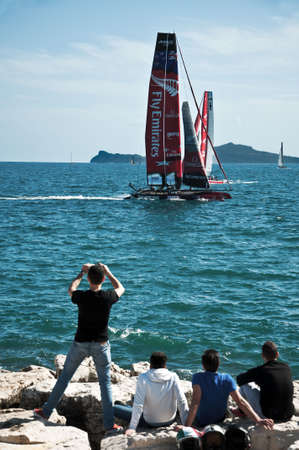 NAPLES - APRIL 12: the catamaran of Newa Zealand team races during the americaのeditorial素材