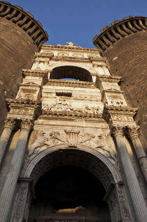 facade and towers of the fortress of Maschio Angioino in Naples Italyのeditorial素材