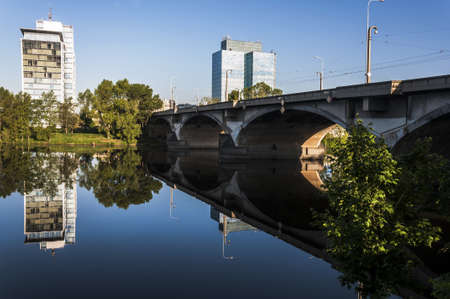 view of a bridge and buildings on the river Moldava, Pragueのeditorial素材