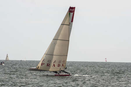 NAPLES - APRIL 13: the catamaran of team races during the america's cup world series competition on...