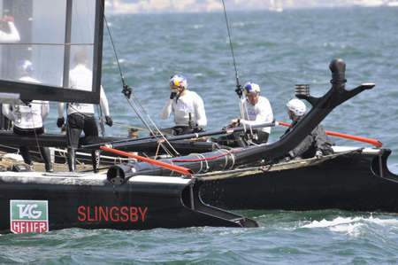 NAPLES - APRIL 20: the catamaran of team races during the america's cup world series competition on...
