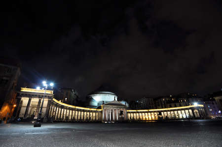 night view of Piazza Plebiscito in Naples  Italyの写真素材