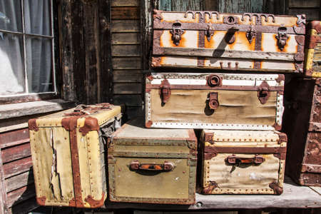 old luggage outside a telegraph station on route one in Maine, USAの写真素材