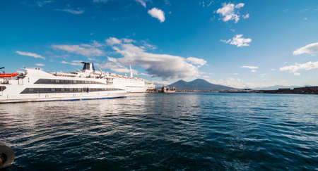 boats in the Bay harbor with mount Vesuvius in Naples, Italyのeditorial素材