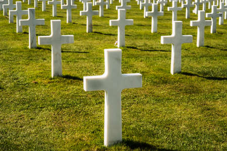 Crosses on American cemetery near Omaha Beach in Colleville sur Mer Normandy Franceの写真素材