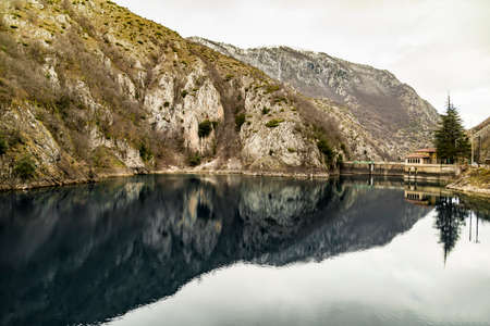 Appenines mountains peaks and the lake, Abruzzo, Italyの写真素材