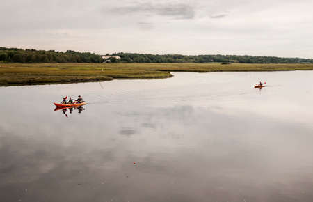 WELLS, ME - AUGUST 21: Family kayaking in winter on the coast of Maine on August 21, 2014 in Wells, Maine USAのeditorial素材