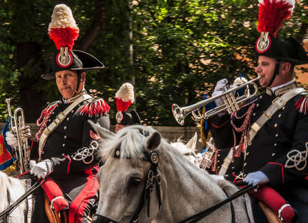 ROME - JUNE 01: the traditional Carabinieri Band, Corazzieri, have a parade on June 01, 2014 in Rome, Italyのeditorial素材
