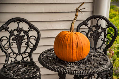 Big orange autumn pumpkin on a garden tableの写真素材