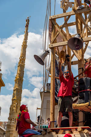 NOLA, ITALY - JUNE 28, 2015: the Gigli Feast is a popular festival in Nola, Italy during of the celebrations for St.Paul. It consists of a historical parade of lilies, heavy wooden obelisks 25 mt high on June 28, 2015 in Nola, Italyのeditorial素材
