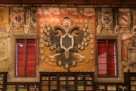 BOLOGNA - JUNE 25: Decorations on the wall and the hall in Archiginnasio library of Bologna. It is one of the most important building on June 25, 2017 in Bologna, Italy.のeditorial素材