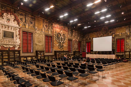 BOLOGNA - JUNE 25: Decorations on the wall and the hall in Archiginnasio library of Bologna. It is one of the most important building on June 25, 2017 in Bologna, Italy.のeditorial素材