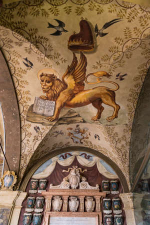 Decorations on the wall and the portico in Archiginnasio library of Bologna. It is one of the most important building on June 25, 2017 in Bologna, Italy.のeditorial素材