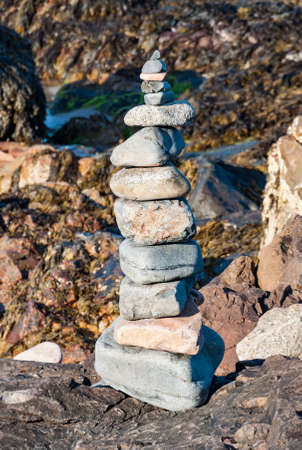 Piled up stones on the Maine coastline, Usaの写真素材