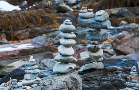 Piled up stones on the Maine coastline, Usaの写真素材