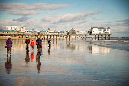 Old Orchard Beach ME - JANUARY 1: The Atlantic Ocean and pier on January 1, 2016 in Old Orchard Beach, Maine.のeditorial素材