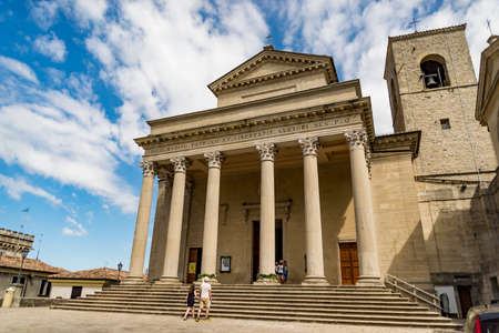 SAN MARINO REPUBLIC - JUNE 18: the classical facade of the famous Basilica on June 18, 2017 in San Marino Republicのeditorial素材