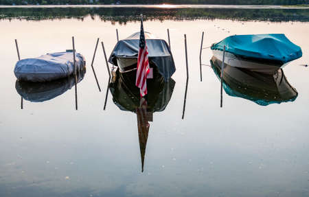 Boats on a lake in New England in Americaの写真素材