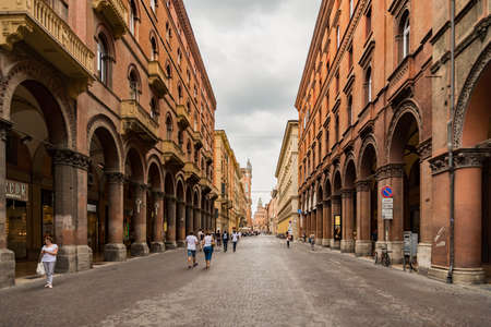 BOLOGNA, ITALY - JUNE 25, 2017: The street of Via DellIndipendenza, part of which close to the city center is closed to vehicular traffic during the weekends. Bologna Italyのeditorial素材
