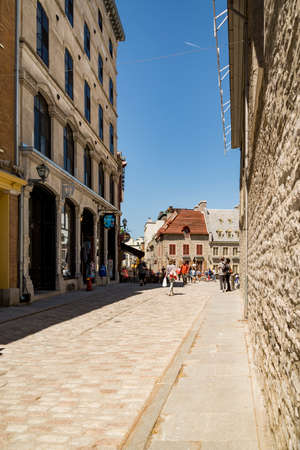 QUEBEC CITY , CANADA- JUNE 2, 2018: Square and typical buildings in the old district in Quebec City, Canadaのeditorial素材