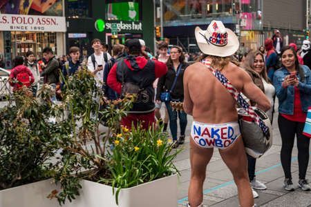 NEW YORK CITY, USA - APRIL 20, 2019: the showman Naked Cowboy in Times Square in New York City, USAのeditorial素材