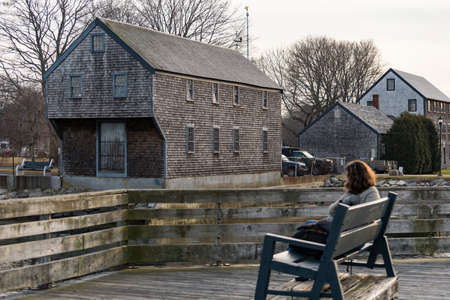the historical Sheafe Warehouse in Prescott Park, Portsmouth, NH USAのeditorial素材