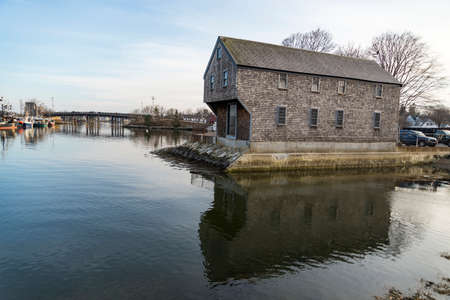 the historical Sheafe Warehouse in Prescott Park, Portsmouth, NH USAのeditorial素材