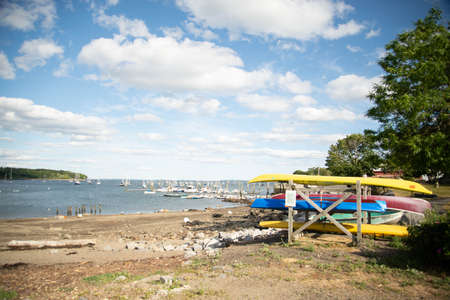View with boats of the Coastal town of Belfast in Maine, USAの写真素材