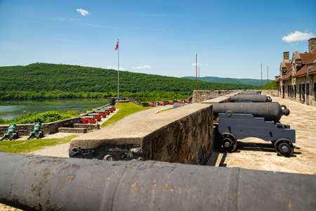 Fort Ticonderoga, fort headquarters, stone walls and cannons, New Yorkk State, USA