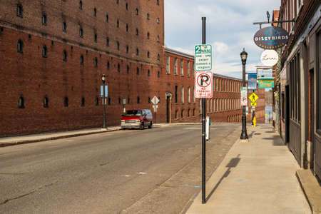 BIDDEFORD ME - APRIL 7, 2020: historical street of downtown Biddeford, state of Maine, USA.のeditorial素材