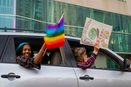 PORTLAND, MAINE, USA - 07 NOVEMBER, 2020: Mainers celebrate Joe Biden's victory of the 2020 United States presidential election in downtown Portland Maine.のeditorial素材