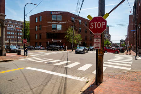 PORTLAND, ME - JUNE 27, 2021: Portland Old Port is filled with 19th century brick buildings and is...